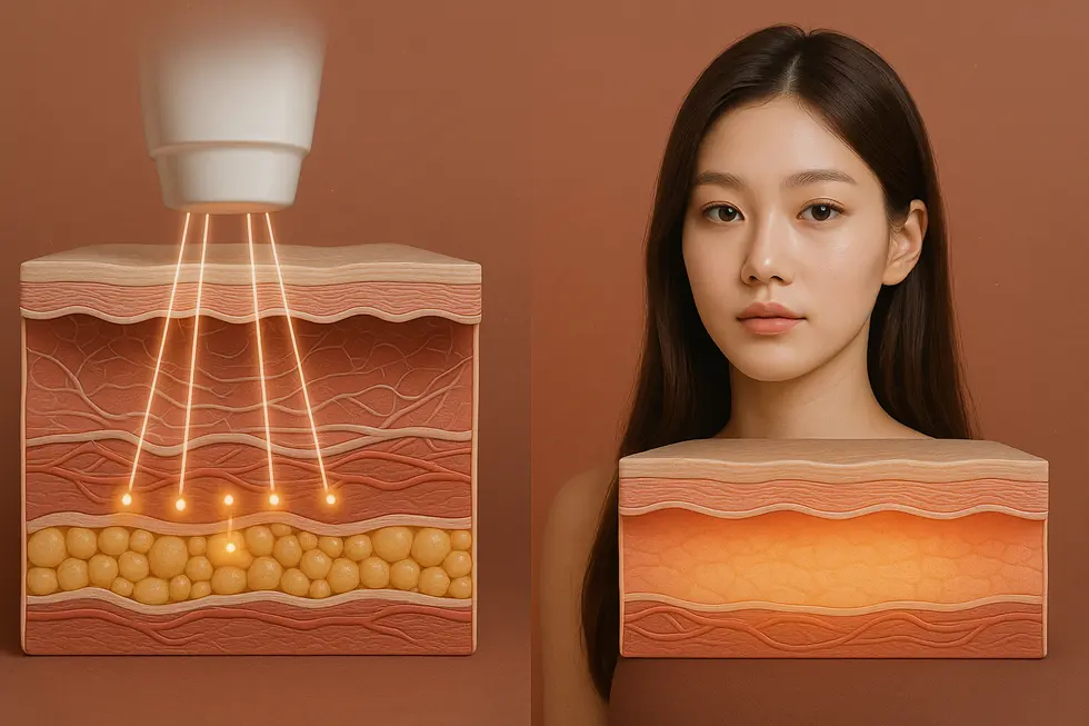 ボディリフティングの主要技術、HIFUとRFの作用原理を図解。HIFUは深層に、RFはより広範囲に熱を届け、肌の引き締めとコラーゲン生成を促します。