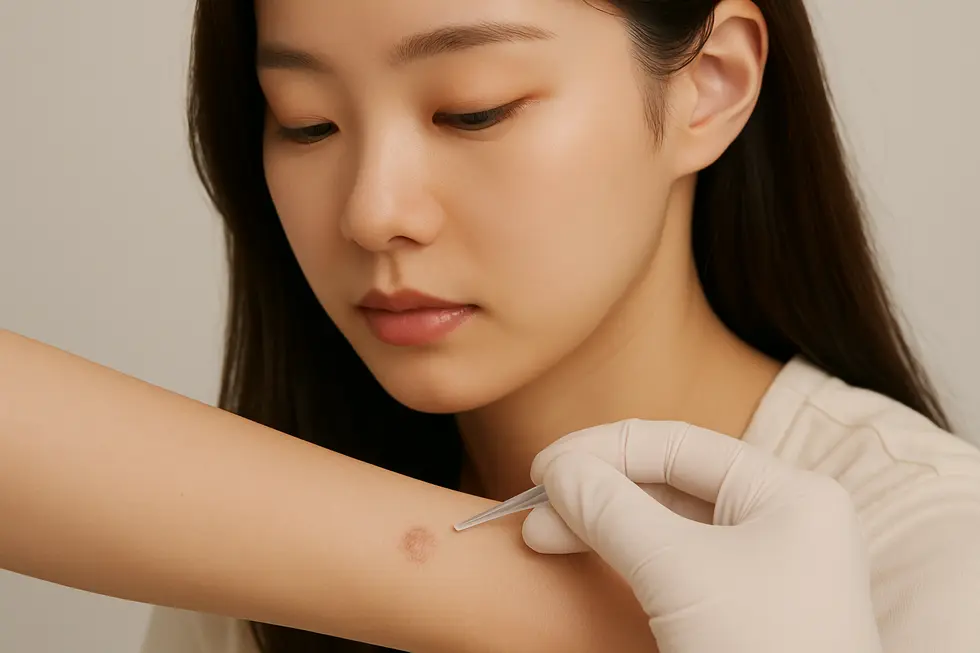 フィラー溶解注射におけるパッチテストの重要性を示唆する画像。