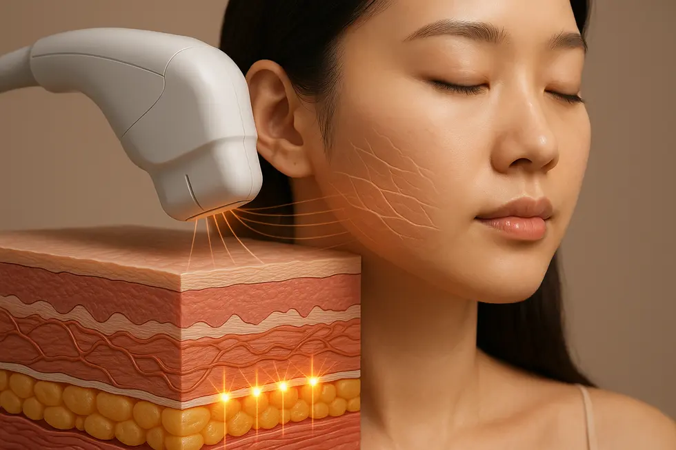 シュリンクユニバースのHIFU技術は、超音波エネルギーをSMAS層や真皮層に集中させ、熱凝固点を形成することでたるみにアプローチします。