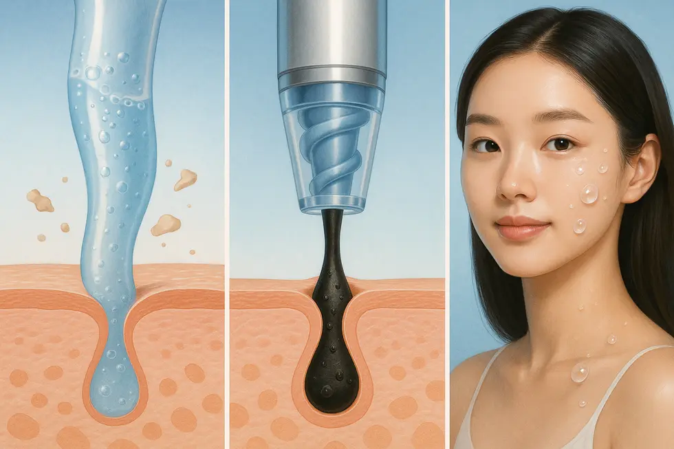 アクアピール施術の3ステップ：剥離、吸引、保湿で肌が生まれ変わる。