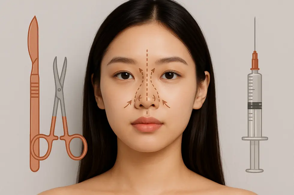 鼻施術で期待できる効果と、それぞれの費用感をイラストで表現。