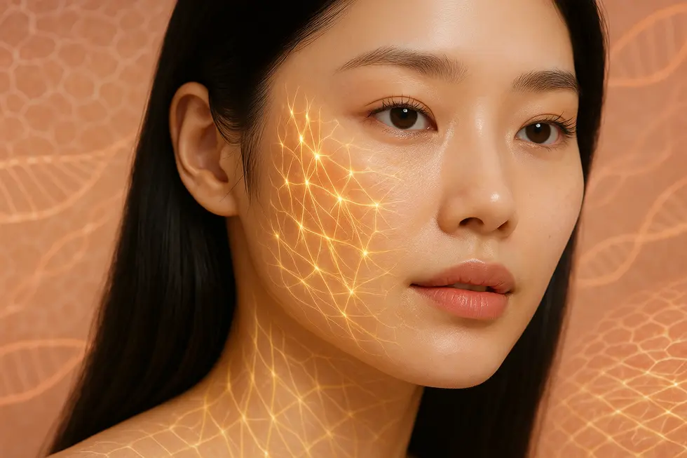 リジュラン スキンブースターの主成分であるポリヌクレオチド(PN)が、肌の奥でコラーゲンとエラスチンの生成を促進し、肌本来の再生力を引き出す様子を表しています。