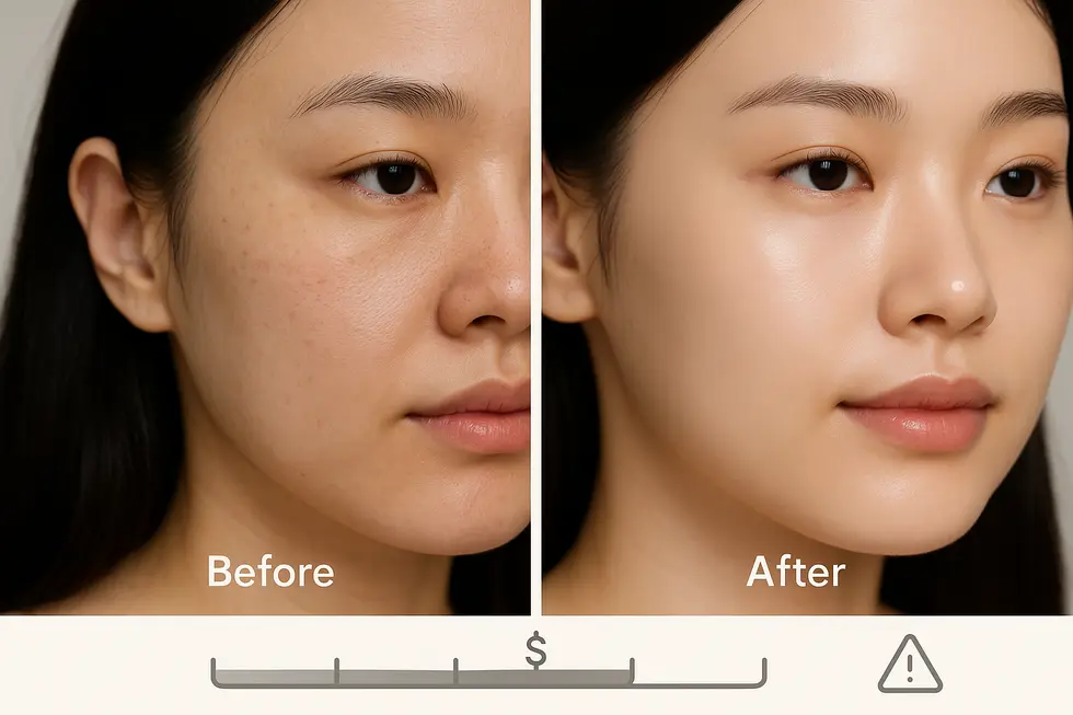 リジュラン スキンブースターで期待できる肌の改善効果と、気になる費用相場、施術後に一時的に現れる可能性のある副作用を視覚的にまとめたイメージ。