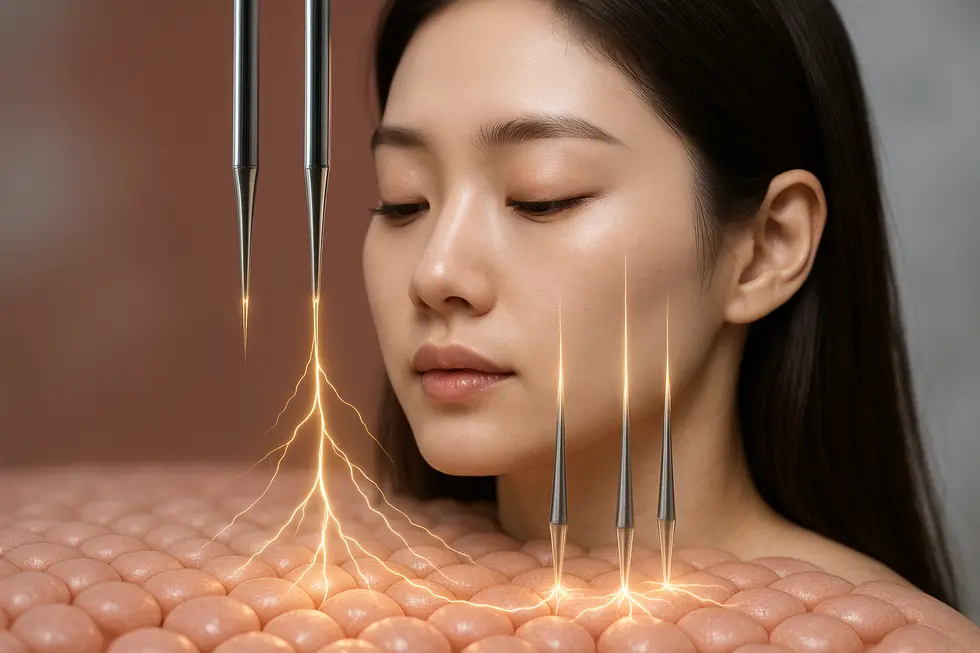 セルフィアス:ナノMTSと電気穿孔法による肌の奥深くへの薬剤浸透イメージ。