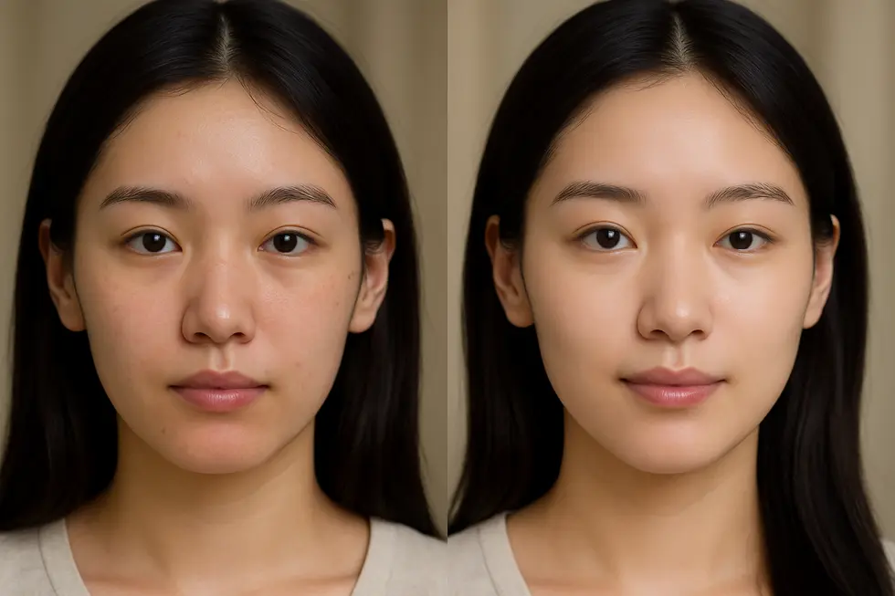 ハーモニーライト施術による肌質改善のビフォーアフターイメージ。