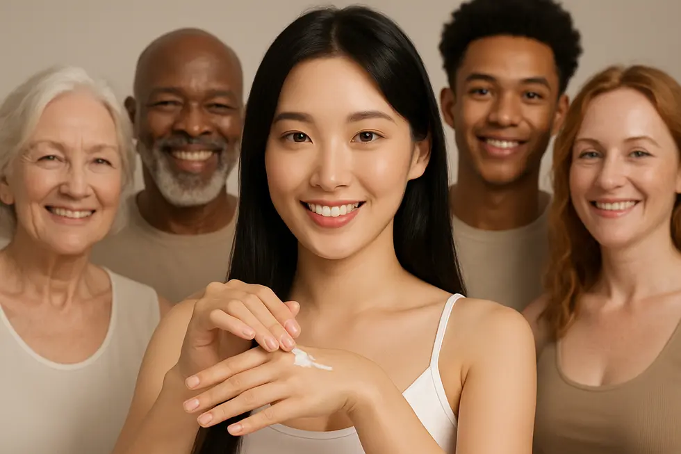 リジュラン スキンブースターがどのような肌タイプや悩みに適しているか、そして施術効果を長持ちさせるための保湿と紫外線対策の重要性を表現したイメージ。