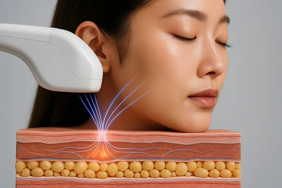 ウルトラフォーカスの超音波エネルギーが、皮膚深層のSMAS層や脂肪層にピンポイントで作用する様子。