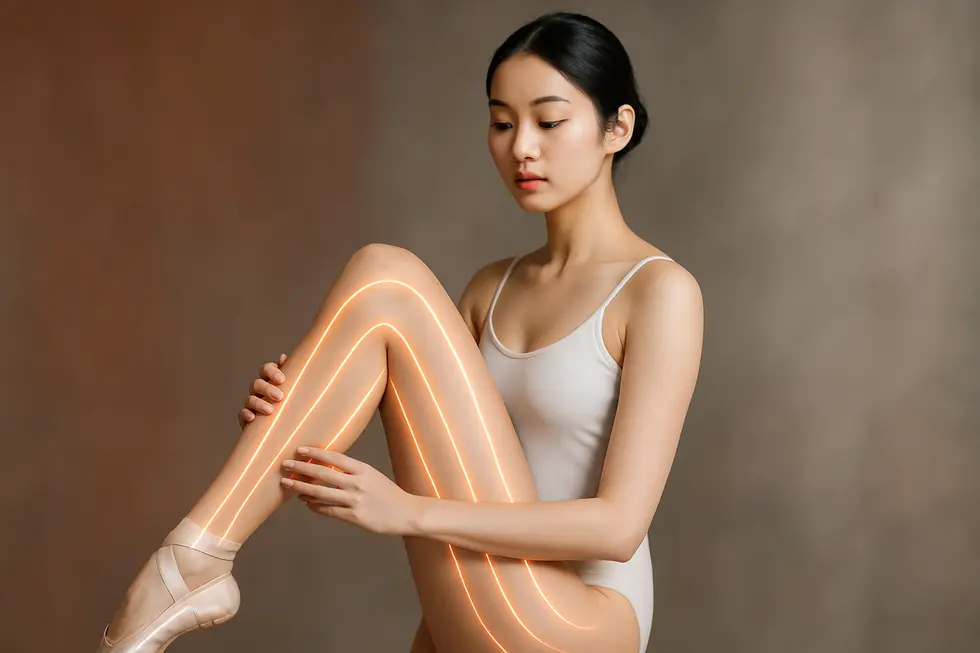 バレリーナレーザーの仕組みと、施術によって得られる美しい脚のライン変化をイメージしたイラスト。