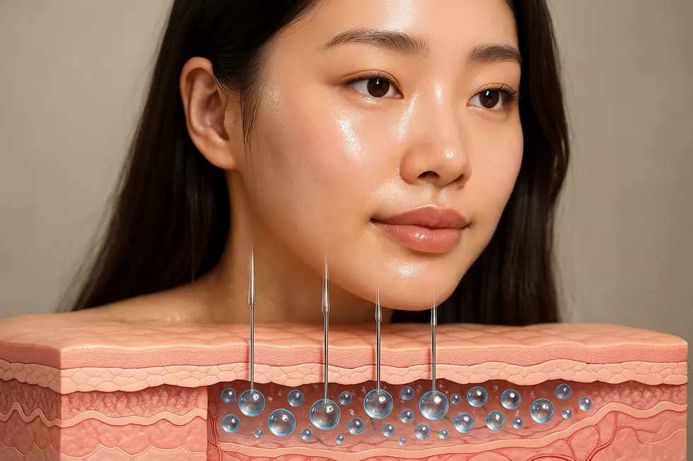 水光注射の原理:ヒアルロン酸が肌の真皮層に均一に注入され、内側から潤う仕組みを解説。