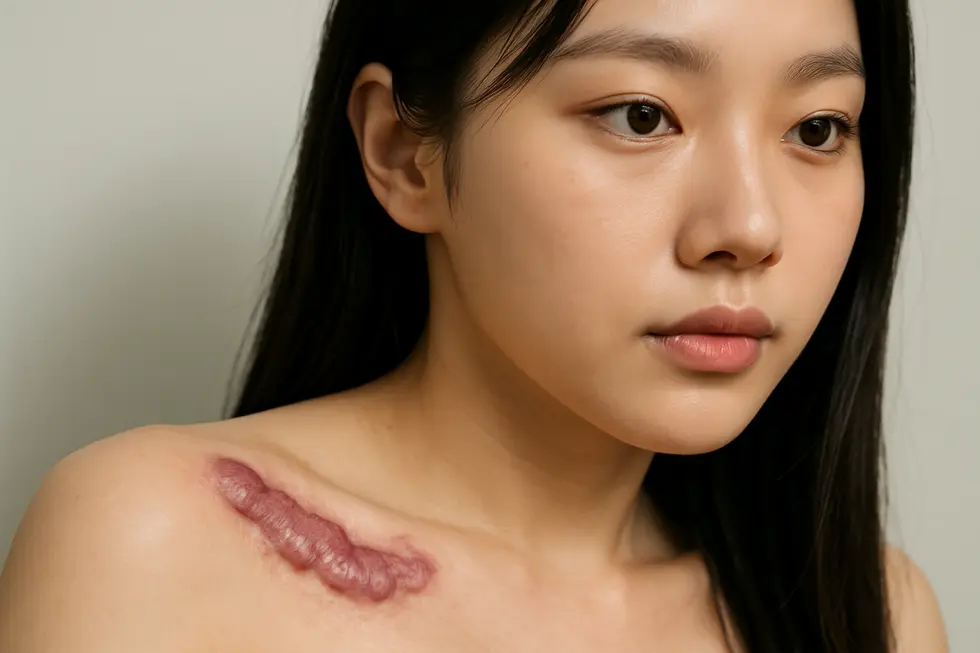 ケロイドは皮膚の損傷後にコラーゲンが過剰に生成され、元の傷を超えて大きく盛り上がる良性の線維増殖性疾患です。