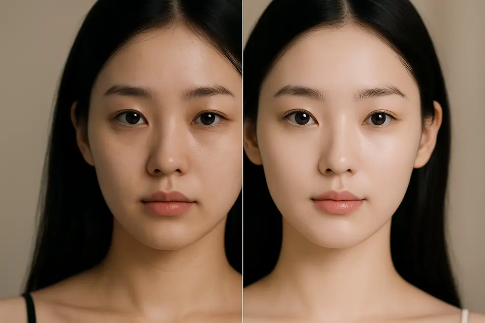 ケミカルピーリング後の肌の変化を示すビフォーアフターのイメージ。肌の質感とトーンが改善され、陶器のような滑らかさに。