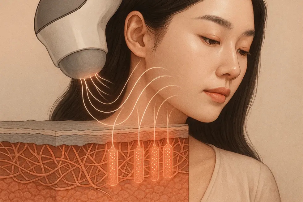 ソフトウェーブの超音波技術が真皮中層のコラーゲン・エラスチン層に熱エネルギーを届け、肌の再構築を促進する仕組み。