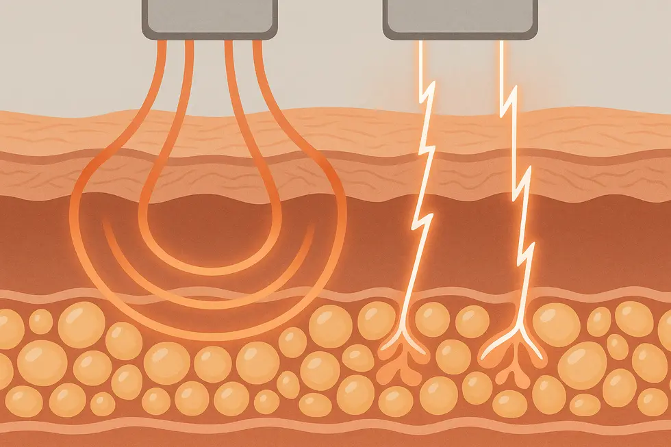 インモードFXは高周波（RF）エネルギーと高電圧パルス（HVP）を組み合わせ、脂肪細胞の減少と皮膚の引き締めを同時に促進します。