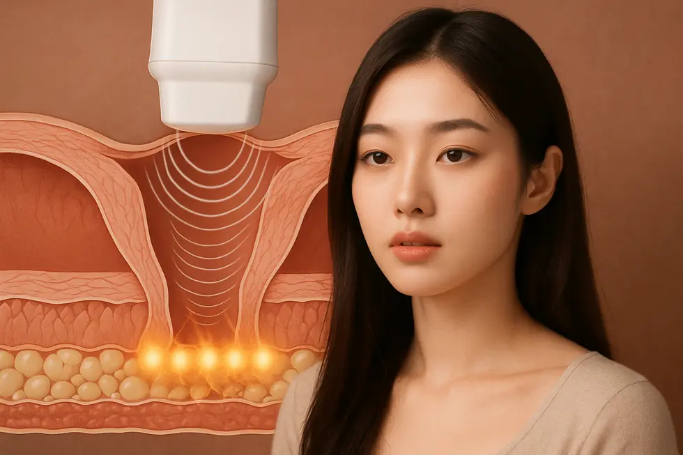 膣ソノケアにおけるHIFU（高密度焦点式超音波）のメカニズム。膣粘膜下のSMAS層に熱エネルギーを集中させ、組織の引き締めとコラーゲン生成を促します。