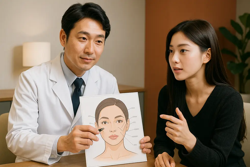 顔の整形の基礎知識を医師と丁寧に確認する様子。