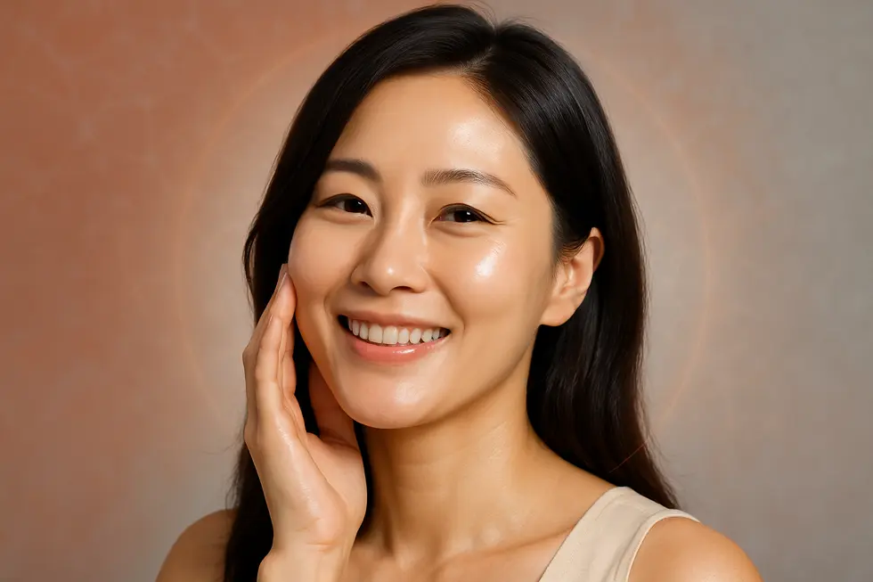 オリジオで理想の肌を手に入れ、自信に満ちた笑顔の女性。