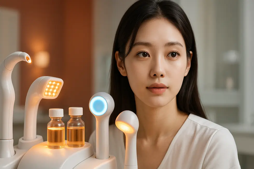 レーザーやピーリングなど、肌管理で使われる専門的な施術機器と薬剤。