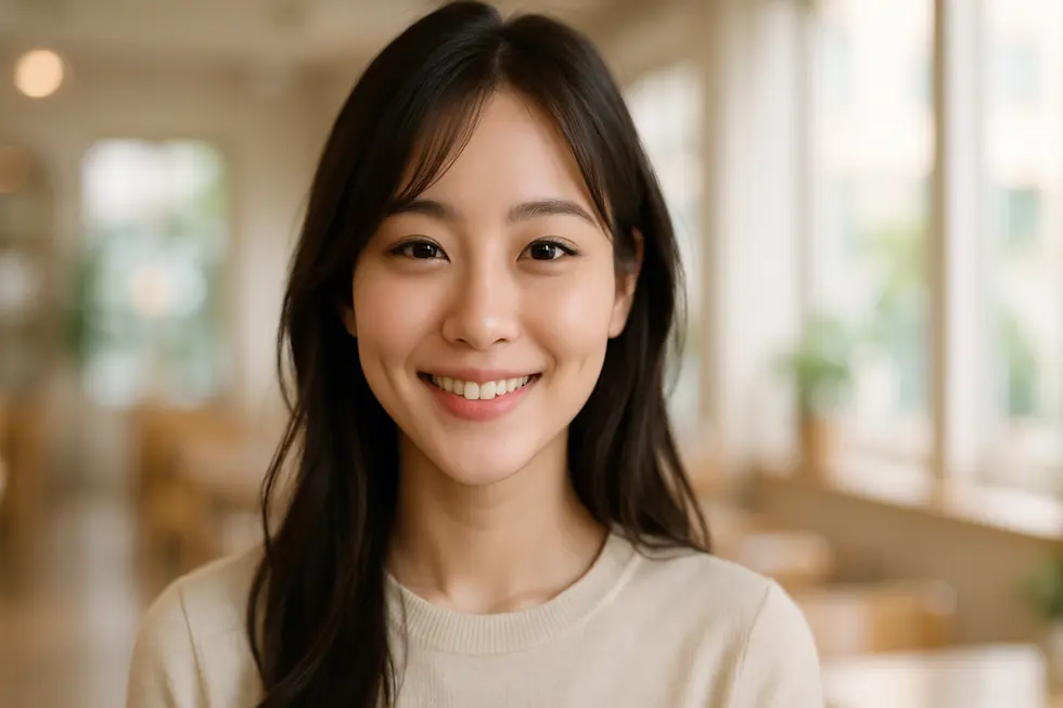 自然なえくぼが笑顔に自信を与えます。