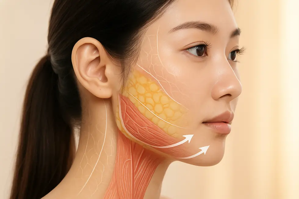 フェイスライン管理のメカニズム：肌の深層部から引き上げる原理。