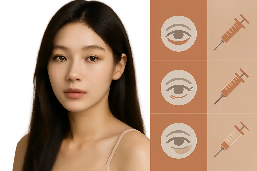 目元注射の種類別効果、持続期間、価格帯をまとめたインフォグラフィック。