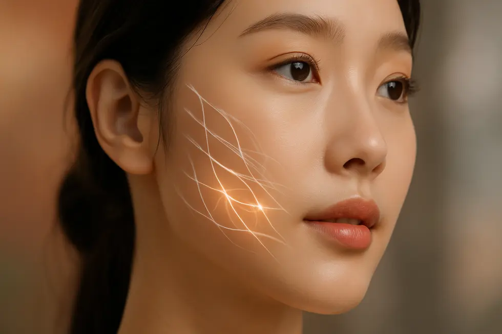 韓方糸リフティングのメカニズム：肌の内部で糸がコラーゲン生成を促進する様子