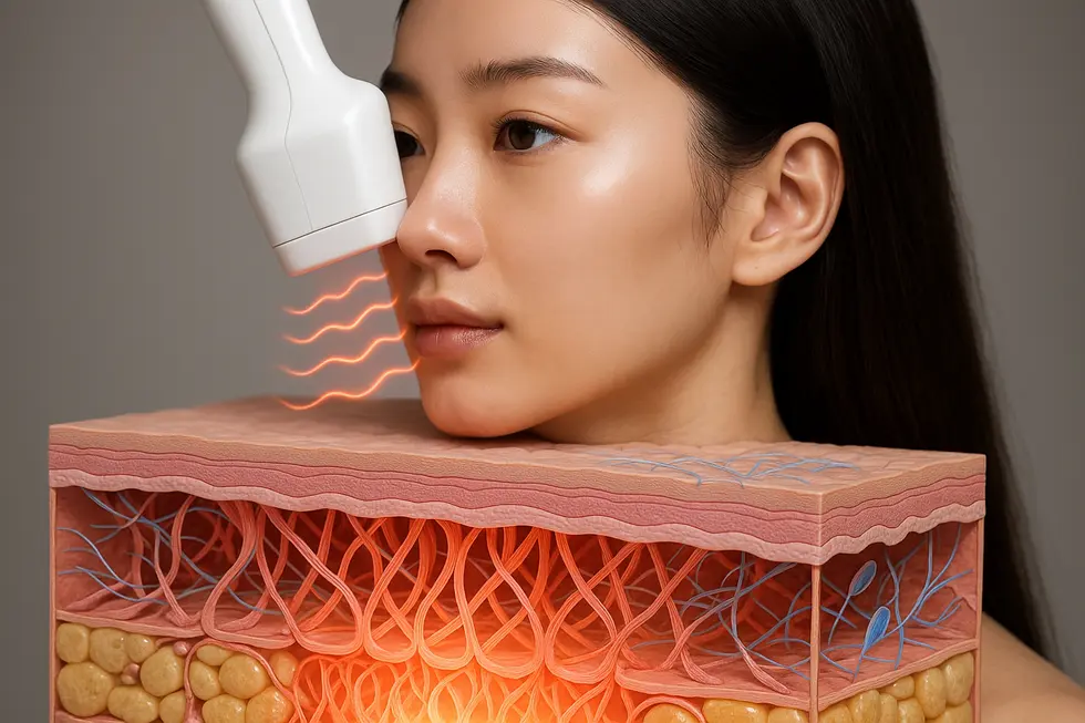 チューンフェイスは高周波エネルギーで肌の深部にアプローチし、コラーゲンを再構築して引き締め効果をもたらします。