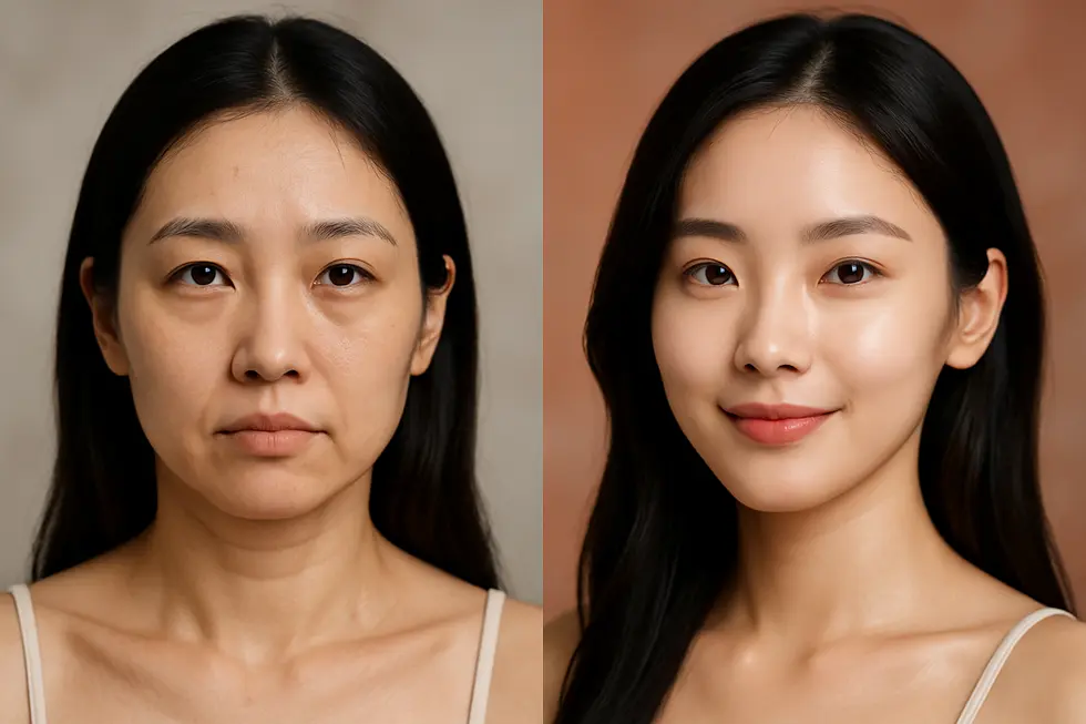 ダブルタイト施術によるフェイスラインのリフトアップと肌のハリ・弾力改善を示すビフォーアフターの比較イメージ。