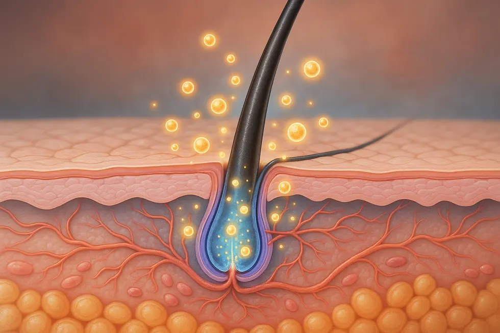 頭皮エキソソーム治療は、幹細胞由来のエキソソームが毛母細胞を活性化し、頭皮環境を整えることで、発毛・育毛を促します。