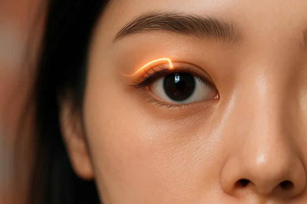 プレクサーによるまぶたのたるみ治療のイメージ。プラズマアークが皮膚に作用し、自然な引き締めを促します。