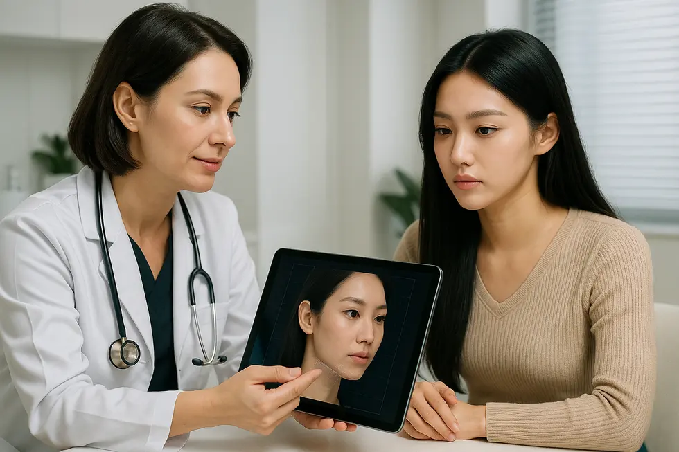 顎フィラーのカウンセリング風景。医師が患者の悩みに寄り添い、最適な施術プランを提案している。