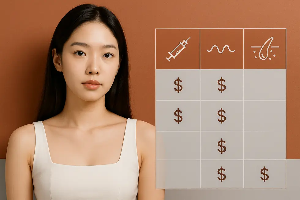 様々な保湿ケア施術の費用と、それぞれの効果・注意点をまとめた比較表。