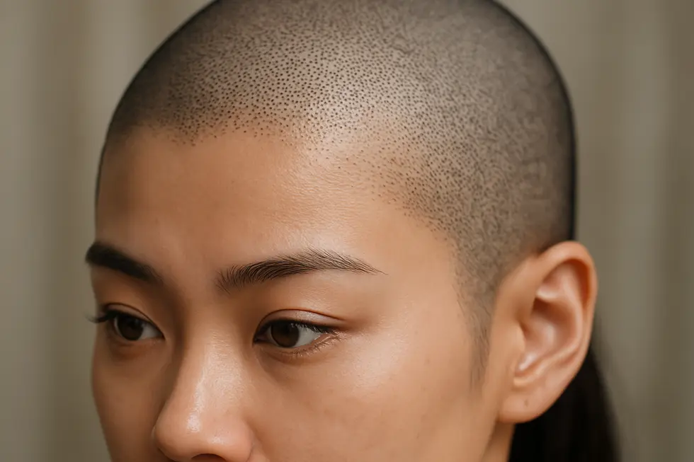 ヘアタトゥー（SMP）施術により、まるで本物の毛根のように見える微細なドットが頭皮に描かれ、自然な毛髪密度を再現しています。