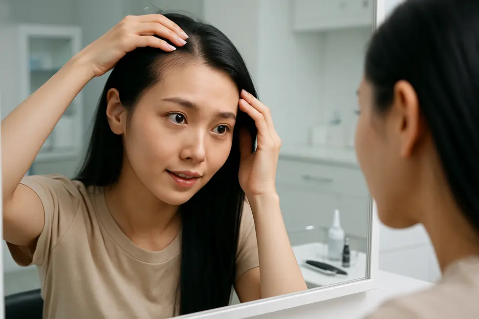 ヘアタトゥー（SMP）施術前のカウンセリング風景。薄毛の悩みを抱えつつも、解決策を見つける希望に満ちた表情。