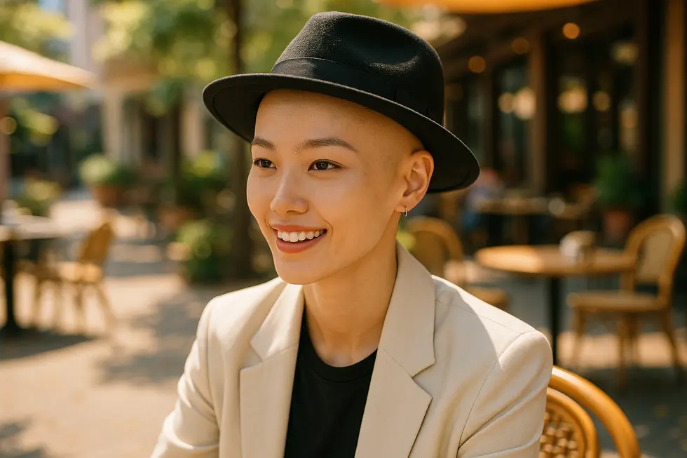 ヘアタトゥー（SMP）施術後の適切なケアにより、自信を取り戻し、活動的な生活を送る様子。