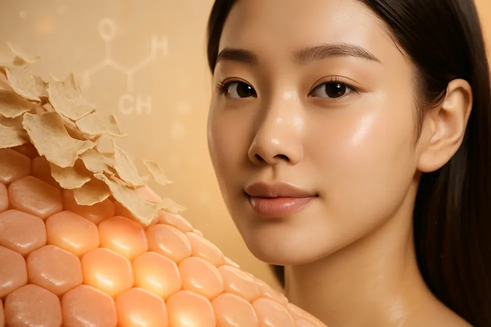 皮膚の再生を促すピーリングのメカニズム。古い角質が剥がれ落ち、新しい肌細胞が生まれる様子をイメージしています。