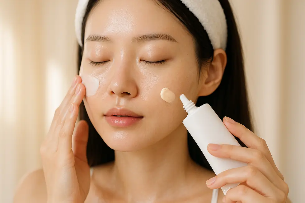 ピーリング後のデリケートな肌に、優しく保湿剤と日焼け止めを塗布している様子。アフターケアの重要性を強調しています。