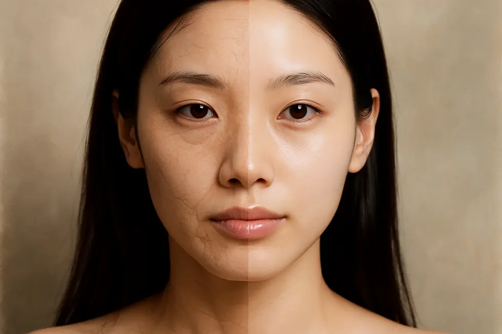 スキンブースター施術による乾燥肌から潤いのあるハリ肌への変化を視覚的に表現したイメージ。