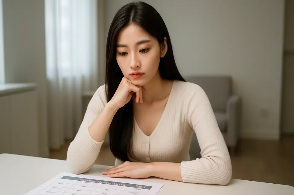 バストケアの費用や効果、安全性について真剣に検討する女性の様子。