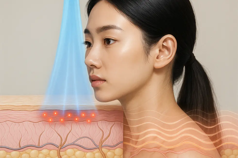 ブルーライトとRF（高周波）が肌の奥で連携し、ニキビと肌質を改善するメカニズムを視覚化。