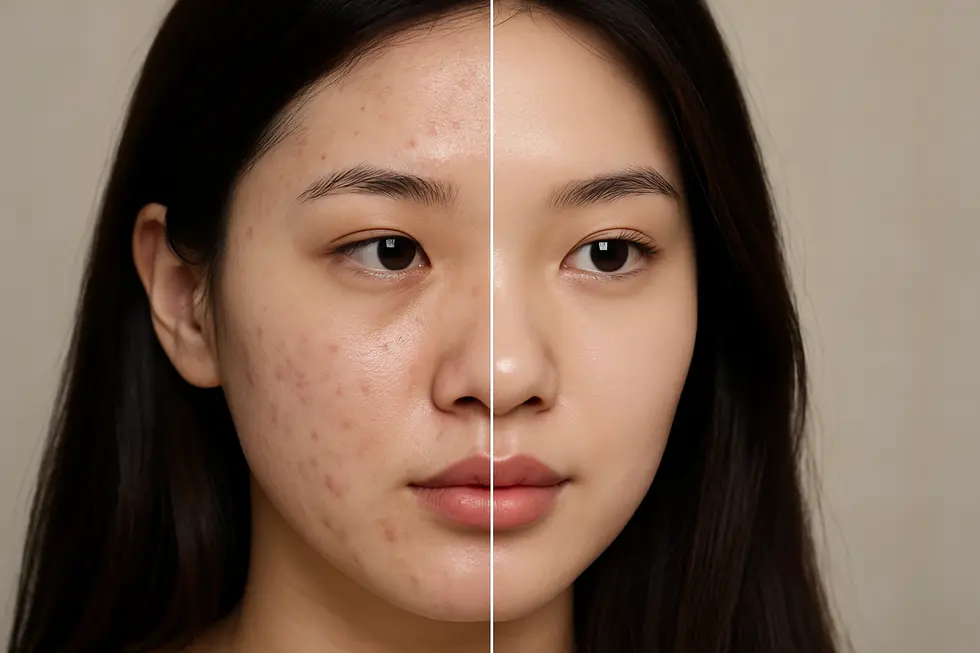 ブルーRFレーザー施術による肌の変化。ニキビの減少と毛穴の引き締まりを比較。