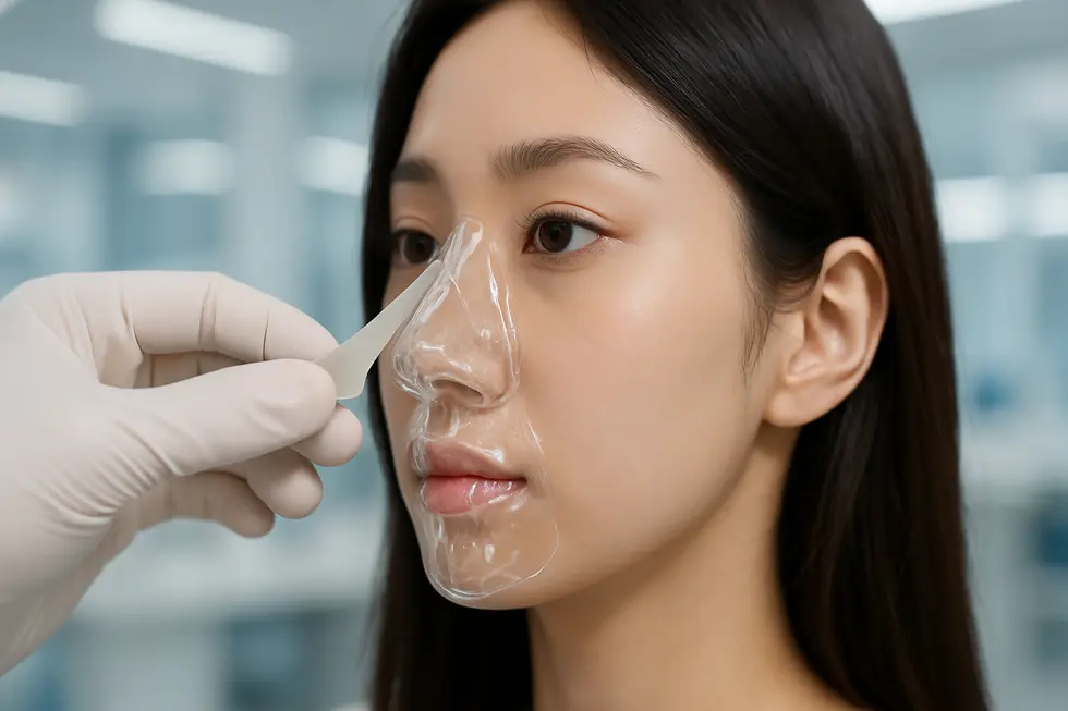 鼻筋の整形（隆鼻術）の基本原理：プロテーゼが鼻骨の上にどのように挿入されるかを示すイメージ。