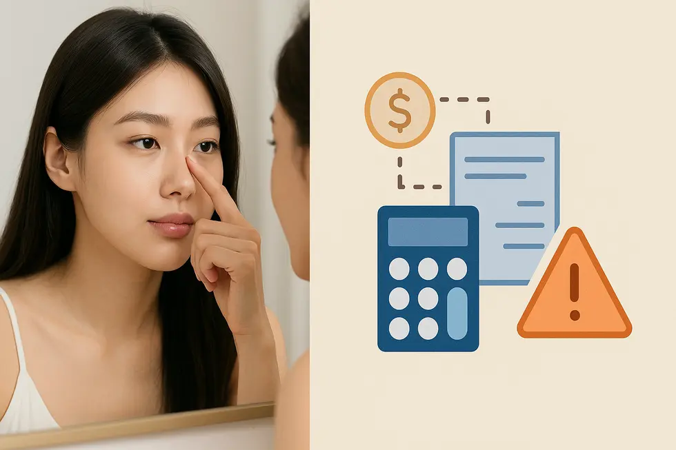 隆鼻術で得られる効果、手術費用、そして潜在的なリスクを象徴するイメージ。