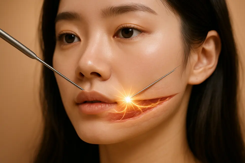 サブシジョンのメカニズム：皮膚の下の線維性バンドを切断し、コラーゲン生成を促す様子。