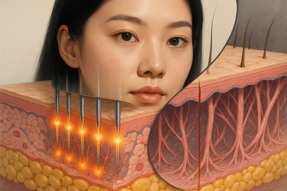 スカーレットレーザーの施術原理を解説した図：マイクロニードルと高周波エネルギーが真皮層に作用し、コラーゲン再生を促す様子。
