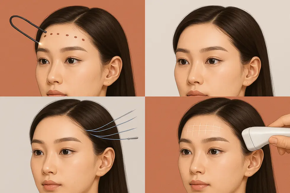 眉リフトの主な施術方法（切開法と非切開法）のメカニズムを視覚的に解説しています。