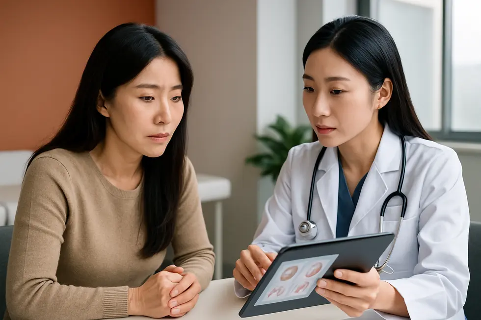 V-ROリフティング施術前のカウンセリングの様子。費用やリスクについて医師と相談する。