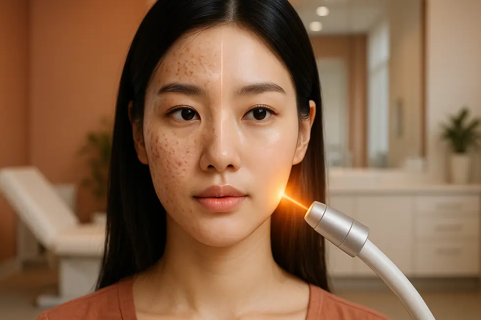 マルチセルレーザー治療が肌の深層部から再生を促し、ニキビ跡や毛穴の悩みを解決する様子を表すイメージ。