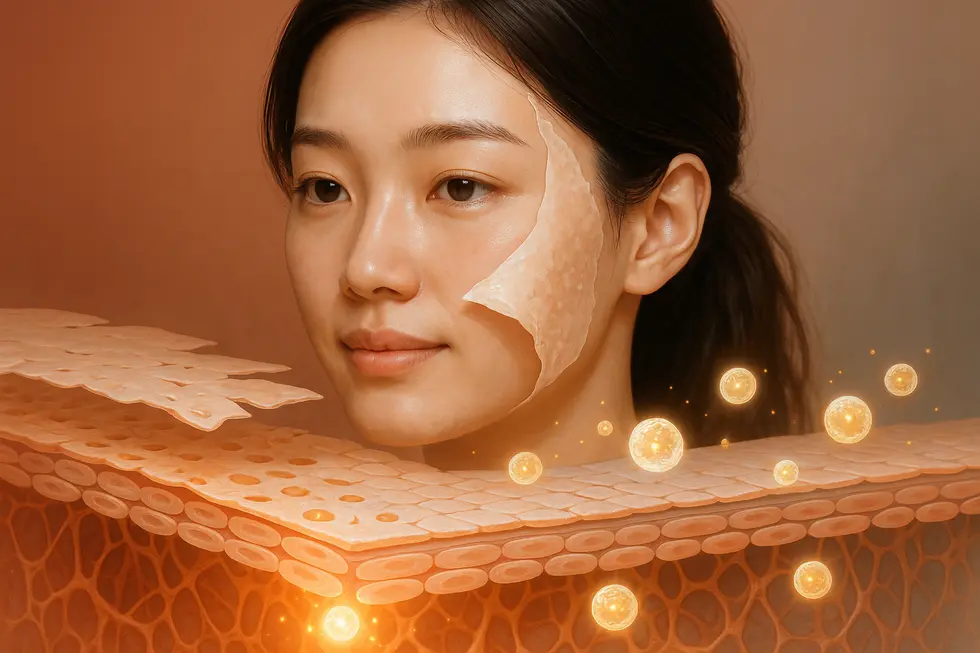 천연 유기산과 엑소좀이 피부 속까지 전달되어 건강한 재생을 돕는 모습