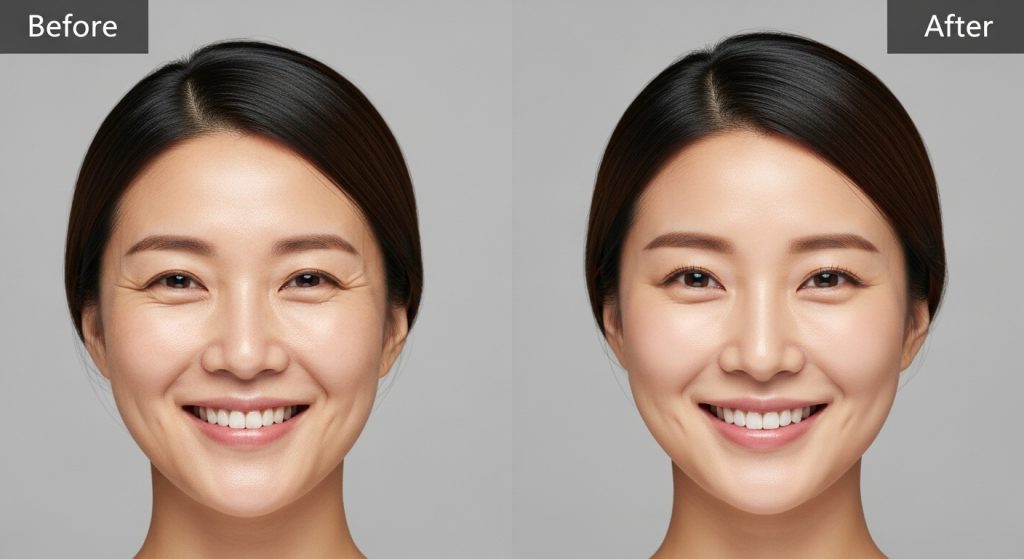 티타늄리프팅 시술 전: 피부 탄력 저하 및 주름 vs. 시술 후: 피부결 개선, 잔주름 완화, 톤 개선 티타늄리프팅 시술 전: 피부 탄력 저하 및 주름 vs. 시술 후: 피부결 개선, 잔주름 완화, 톤 개선