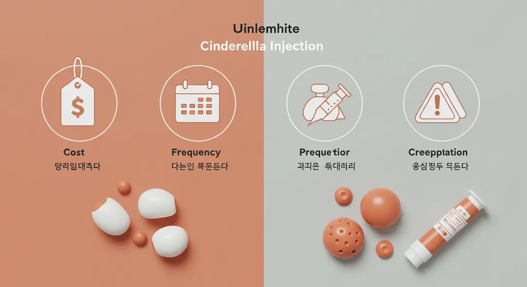 신데렐라주사의 평균 가격, 권장 시술 주기, 그리고 주의해야 할 부작용에 대한 정보를 요약한 이미지입니다.
